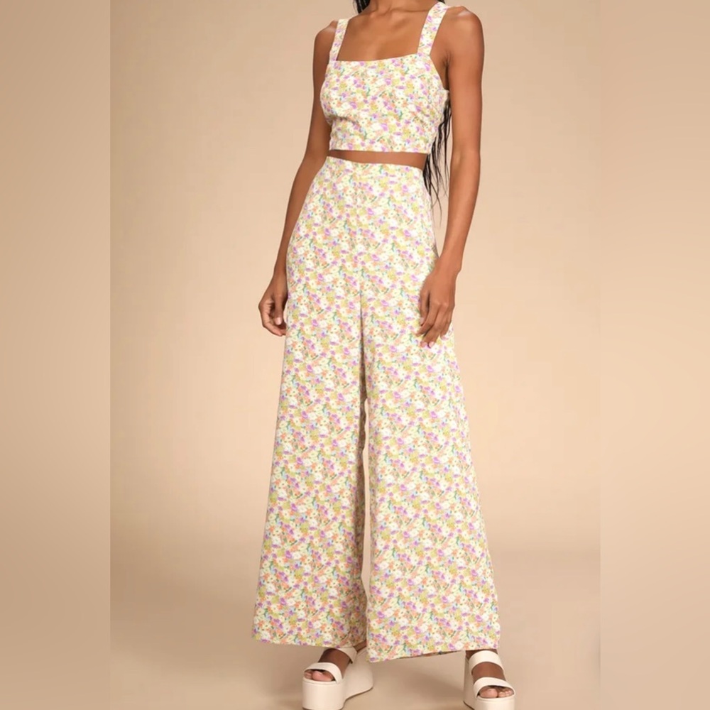 Best Dream Yellow Multi Floral Print Two-Piece Wide-Leg Jumpsuit